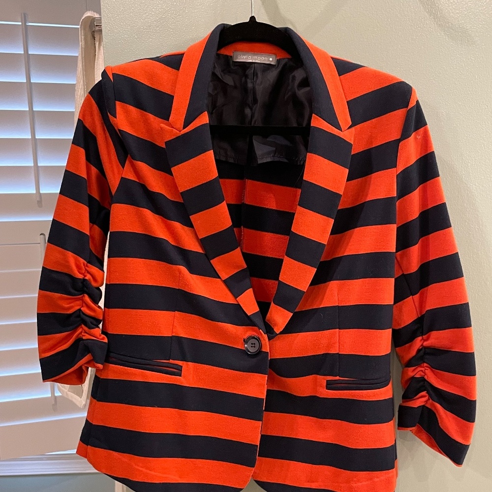 Orange and navy knit blazer with ruched sleeves